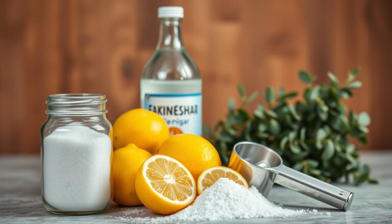 A still life arrangement of three essential natural cleaning ingredients, captured under warm, diffused lighting with a shallow depth of field. In the foreground, a glass jar filled with baking soda, a stainless steel lemon juicer, and a pile of fresh lemons. In the middle ground, a glass bottle of white vinegar, and in the background, a bundle of fragrant eucalyptus sprigs. The composition is balanced, highlighting the simplicity and efficacy of these natural, environmentally-friendly cleaning solutions.